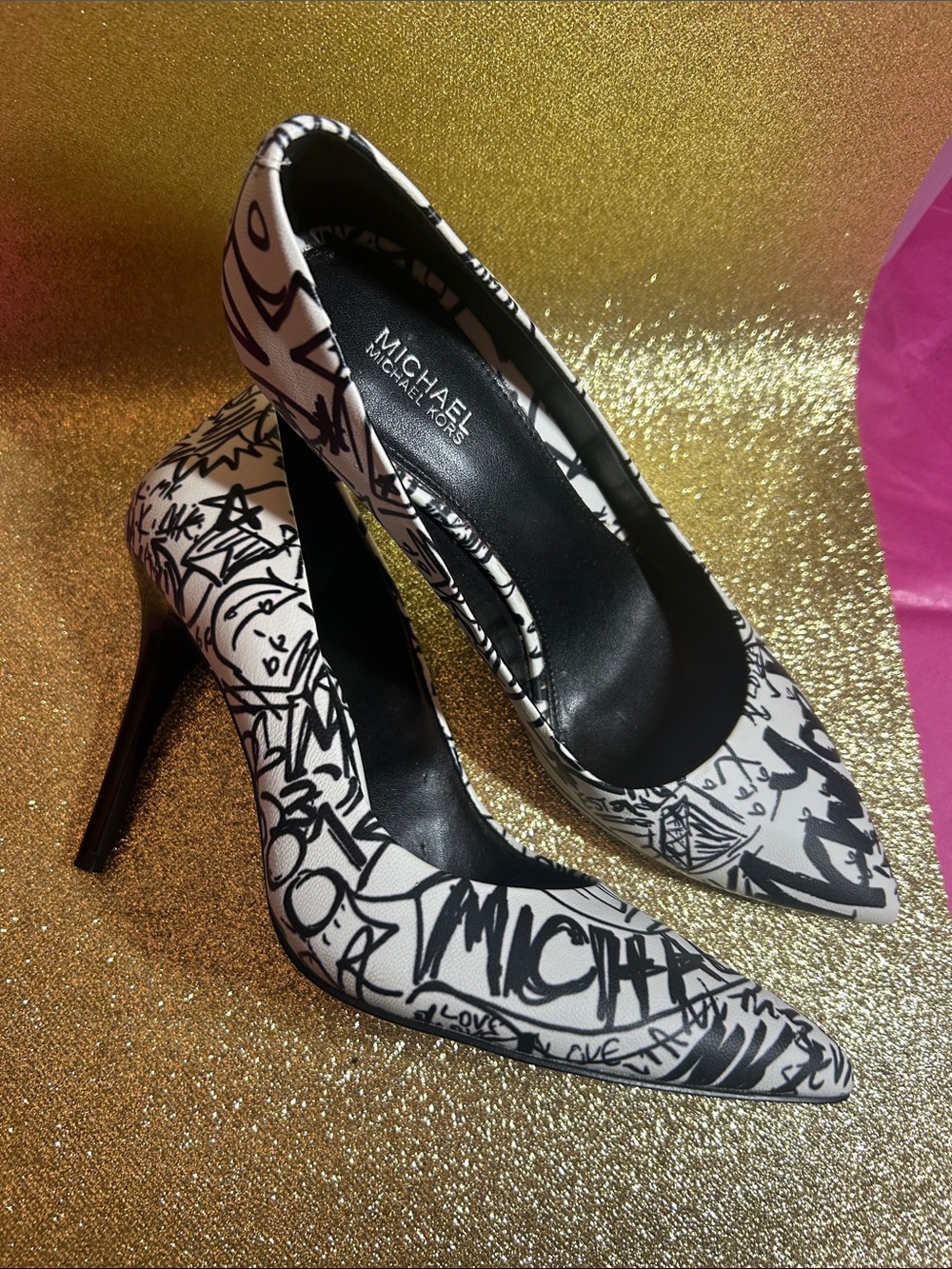 Michael Kors White and Black Graffiti Pointed-Toe Stiletto Pumps